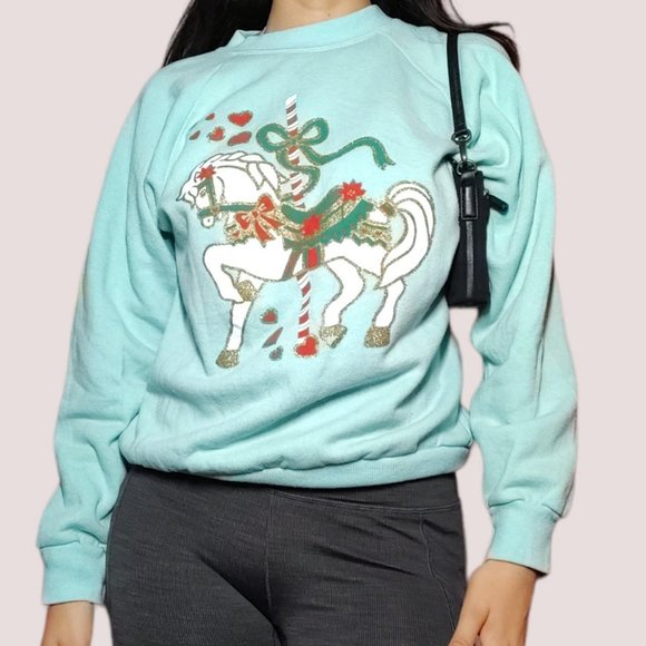 Vintage 90s/80s Blue Holiday Carousel Horse Crewneck Sweater !! - Picture 3 of 8